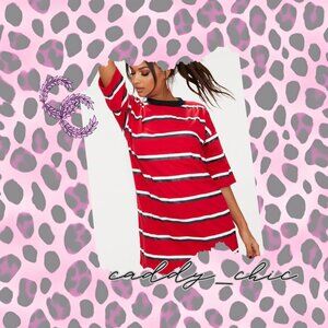 PrettyLittleThing Red Stripe Oversized Boyfriend T-Shirt Dress NWT Size 8